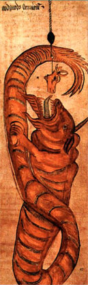 Ёрмунганд, Мировой Змей, сын Локи и Ангрбоды. Здесь он тянется к наживке из бычьей головы на конце рыболовной снасти Тора. (Иллюстрация к «Младшей Эдде», 1760 г.)