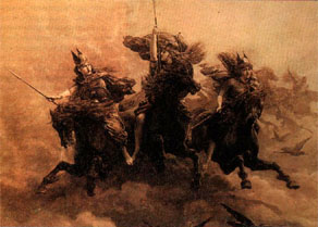 Валькирии, воинственные помощники Одина, собирали павших в бою героев и переносили их в Вальхаллу. («Скачка валькирий», неизв. художник.)