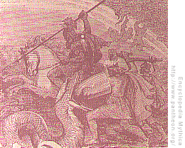 Тор, скандинавский бог грома, сражающийся с Ёрмунгандом. На рисунке также изображен Один на своем восьминогом коне и с копьем в руке. Иллюстрация из книги XIX в. Рисунок с сайта www.pantheon.org