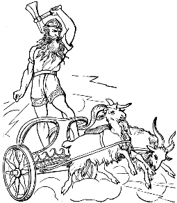Тор, скандинавский бог грома, на колеснице, запряженной козлами Таннгньостром («Скрежещущий Зубами») и Таннгрисниром («Скрипящий Зубами»). Рисунок с сайта www.pantheon.org